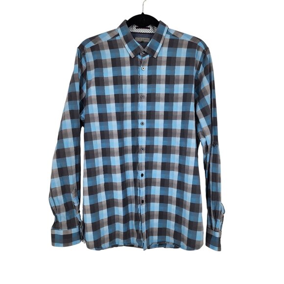 Ted Baker London Mens Blue & Gray Plaid Long Sleeve Button-Down Shirt Size 5 - Picture 1 of 6